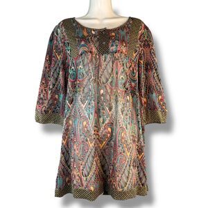 Maggie & Max Multicolor Paisley Hippie Boho Tunic Dress Short Sleeve Retro Sz S